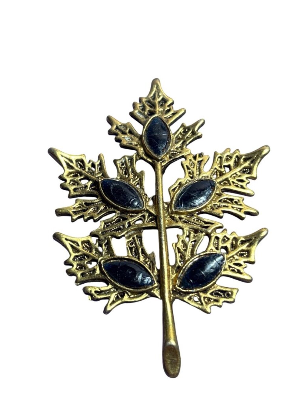 Vintage Leaf Brooch Pin Goldtone Black 2.75 inches